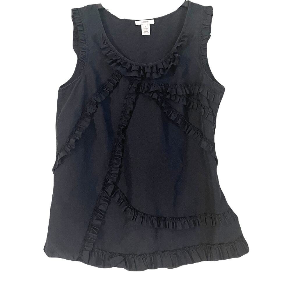 J. Crew Sleeveless Black Silk Blouse, Ruffle Accents - Size 0